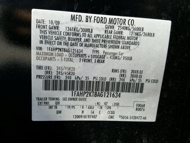 1FAHP2KT8AG121634 - 2010 FORD TAURUS SHO BLACK photo 10