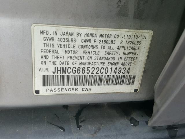 JHMCG66522C014934 - 2002 HONDA ACCORD LX SILVER photo 10