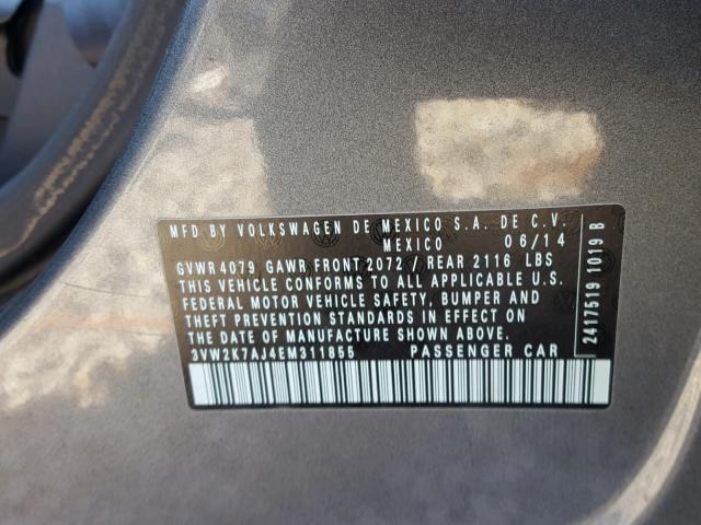 3VW2K7AJ4EM311855 - 2014 VOLKSWAGEN JETTA BASE 灰色 照片 10