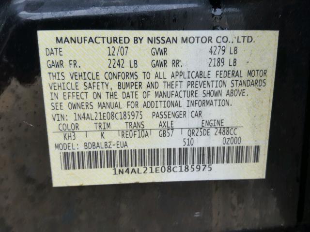 1N4AL21E08C185975 - 2008 NISSAN ALTIMA 2.5 BLACK photo 10