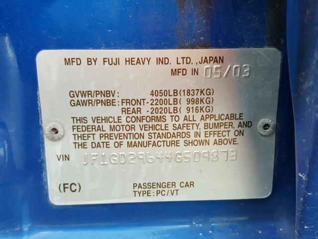 JF1GD29644G509873 - 2004 SUBARU IMPREZA WR BLUE photo 10