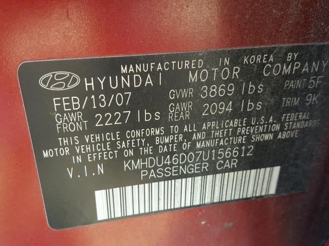 KMHDU46D07U156612 - 2007 HYUNDAI ELANTRA GL RED photo 10