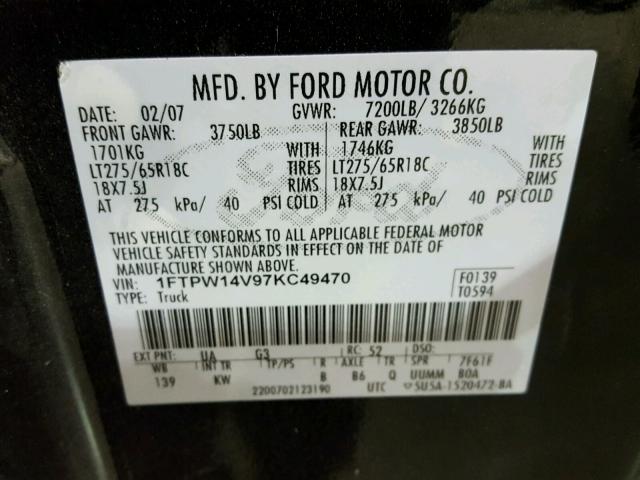 1FTPW14V97KC49470 - 2007 FORD F150 SUPER BLACK photo 10