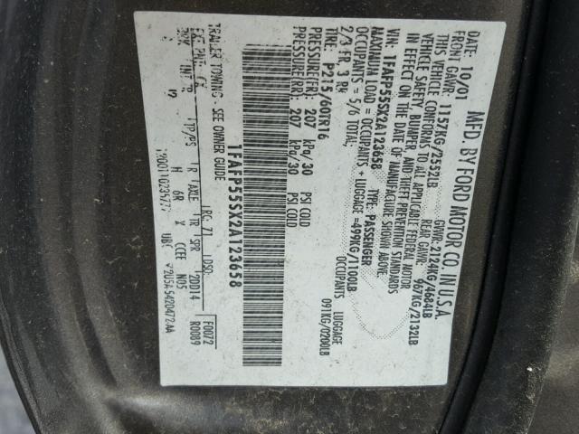 1FAFP55SX2A123658 - 2002 FORD TAURUS SES GRAY photo 10