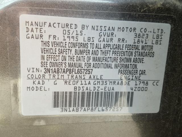 3N1AB7AP8FL657257 - 2015 NISSAN SENTRA S GRAY photo 10