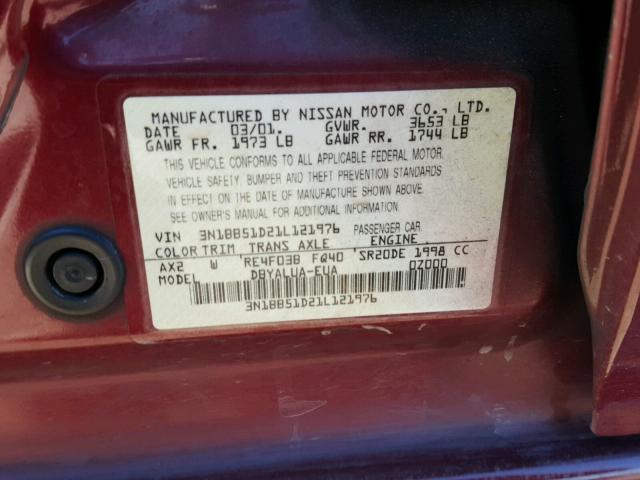 3N1BB51D21L121976 - 2001 NISSAN SENTRA SE RED photo 10