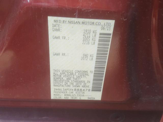 1N4AL3AP5FN888478 - 2015 NISSAN ALTIMA 2.5 RED photo 10