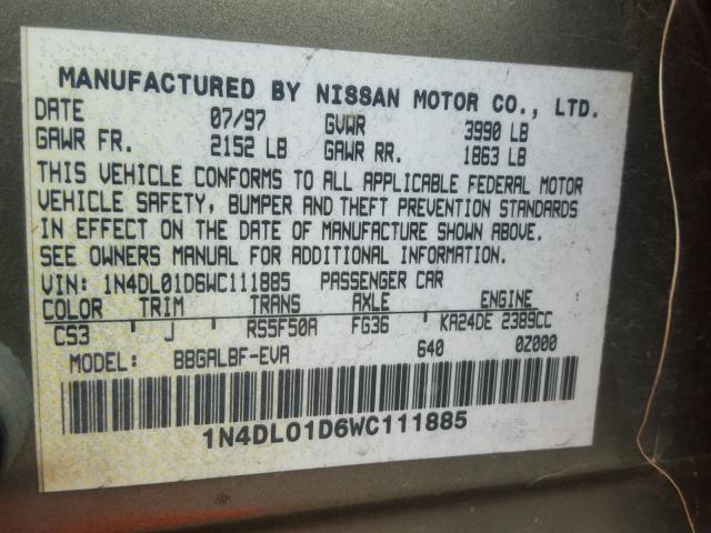 1N4DL01D6WC111885 - 1998 NISSAN ALTIMA XE BROWN photo 10