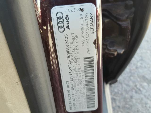 WAUJT64BX4N044720 - 2004 AUDI A6 3 MAROON photo 10