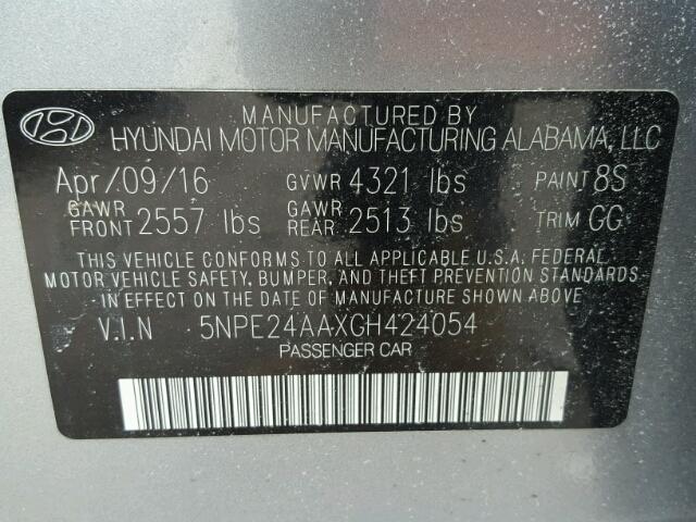 5NPE24AAXGH424054 - 2016 HYUNDAI SONATA ECO SILVER photo 10