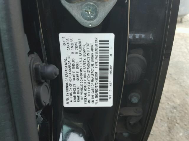 2HGFB2F57CH563194 - 2012 HONDA CIVIC LX BLACK photo 10