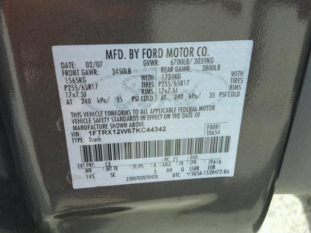 1FTRX12W67KC44342 - 2007 FORD F150 CHARCOAL photo 10