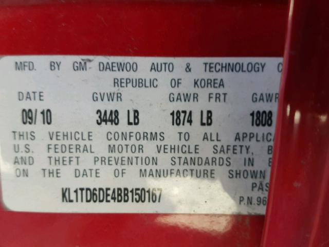 KL1TD6DE4BB150167 - 2011 CHEVROLET AVEO LS RED photo 10