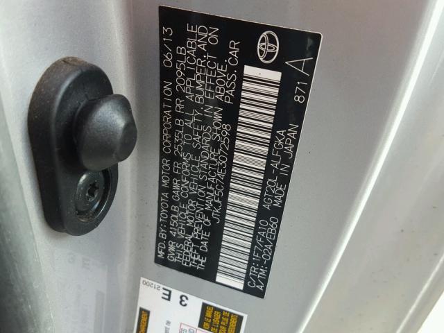 JTKJF5C74E3072598 - 2014 TOYOTA SCION TC 银色 照片 10