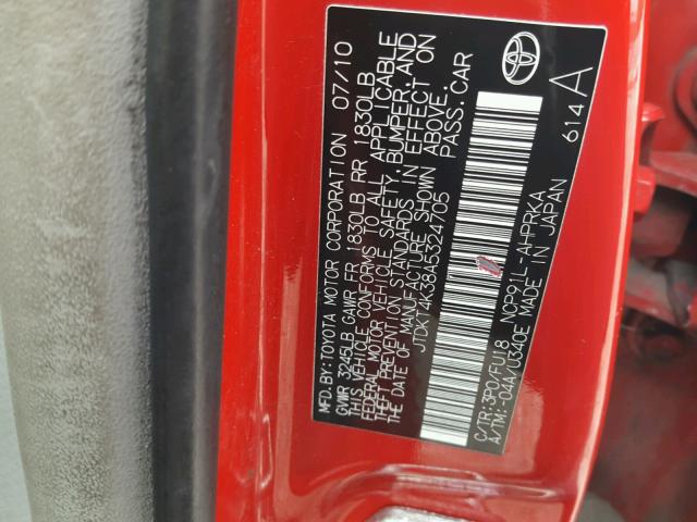 JTDKT4K38A5324705 - 2010 TOYOTA YARIS RED photo 10