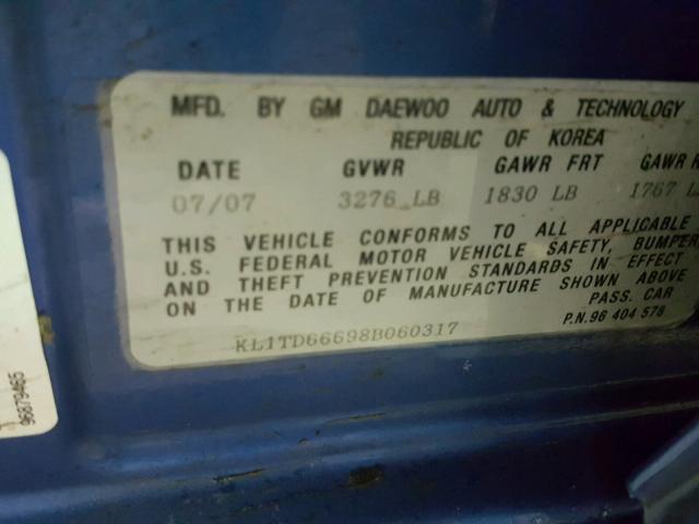 KL1TD66698B060317 - 2008 CHEVROLET AVEO BASE Mavi foto 10