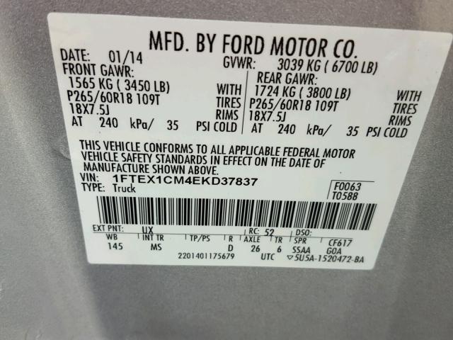 1FTEX1CM4EKD37837 - 2014 FORD F150 SUPER SILVER photo 10