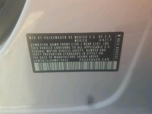 3VW2B7AJ6HM413923 - 2017 VOLKSWAGEN JETTA S 白色 照片 10