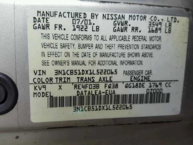 3N1CB51DX1L522065 - 2001 NISSAN SENTRA XE TAN photo 10