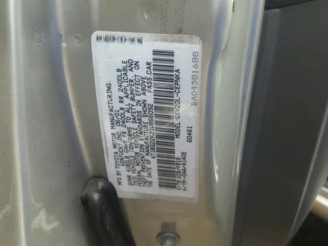 4T1BG22K21U866092 - 2001 TOYOTA CAMRY CE GRAY photo 10