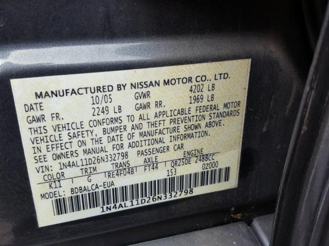 1N4AL11D26N332798 - 2006 NISSAN ALTIMA S CHARCOAL photo 10