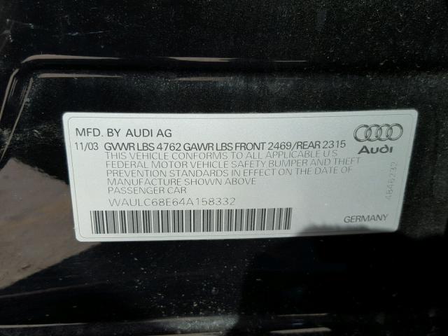 WAULC68E64A158332 - 2004 AUDI A4 1.8T QU BLACK photo 10