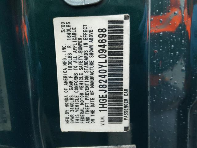 1HGEJ8240YL094698 - 2000 HONDA CIVIC EX GREEN photo 10