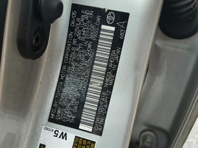 JTDKB20U457035821 - 2005 TOYOTA PRIUS SILVER photo 10