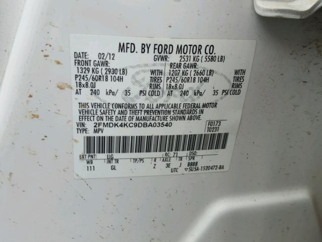 2FMDK4KC9DBA03540 - 2013 FORD EDGE LIMIT WHITE photo 10