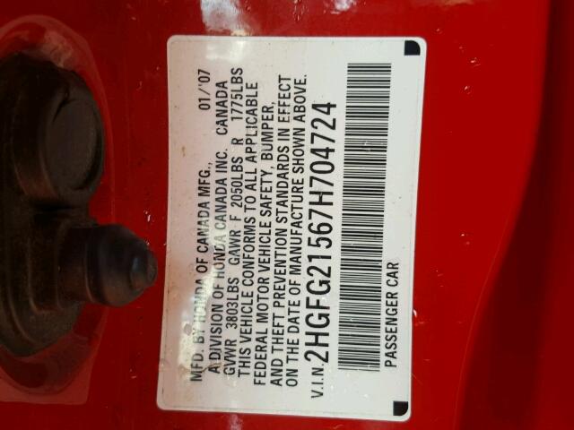 2HGFG21567H704724 - 2007 HONDA CIVIC SI RED photo 10