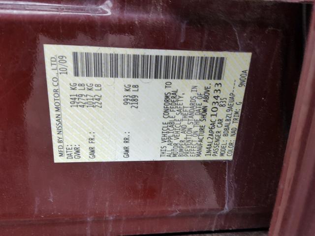 1N4AL2AP6AC103433 - 2010 NISSAN ALTIMA BAS MAROON photo 10