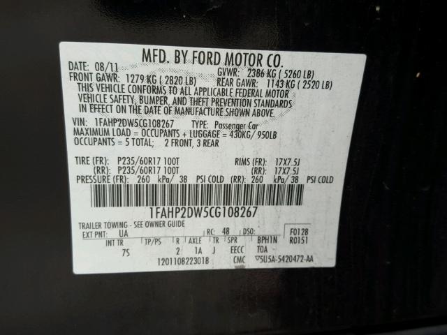 1FAHP2DW5CG108267 - 2012 FORD TAURUS SE BLACK photo 10