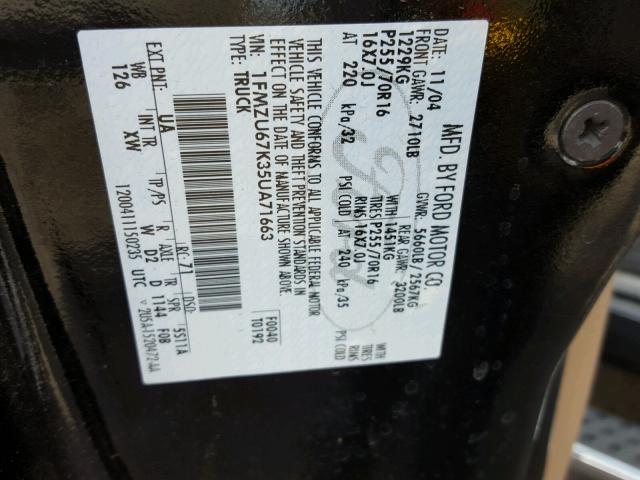 1FMZU67K35UA71663 - 2005 FORD EXPLORER S BLACK photo 10