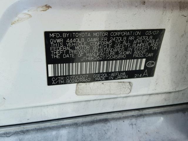 JTHBK262172045890 - 2007 LEXUS IS 250 WHITE photo 10