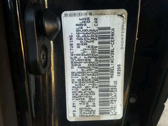 4T1BE32K02U005779 - 2002 TOYOTA CAMRY LE BLACK photo 10