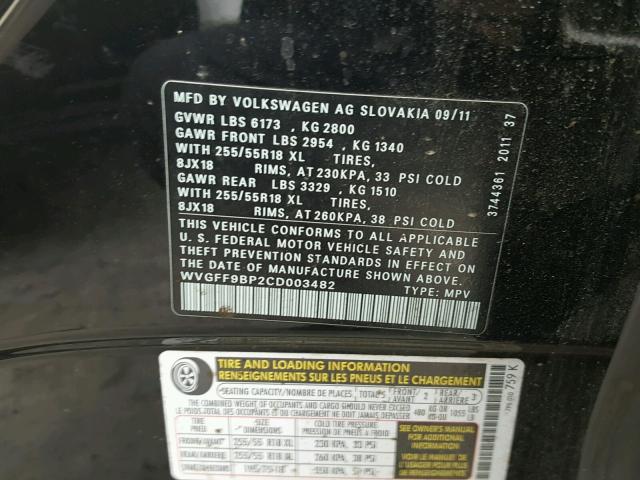 WVGFF9BP2CD003482 - 2012 VOLKSWAGEN TOUAREG V6 BLACK photo 10