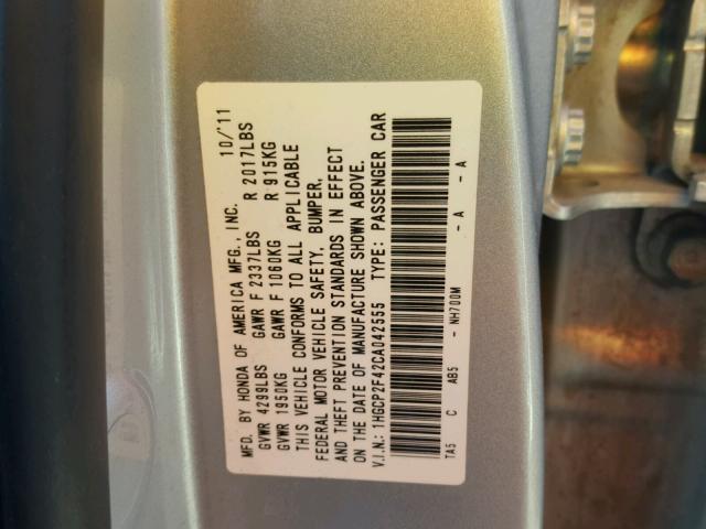 1HGCP2F42CA042555 - 2012 HONDA ACCORD LXP SILVER photo 10