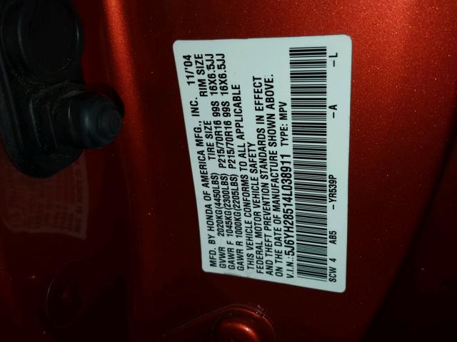 5J6YH28514L038911 - 2004 HONDA ELEMENT EX ORANGE photo 10