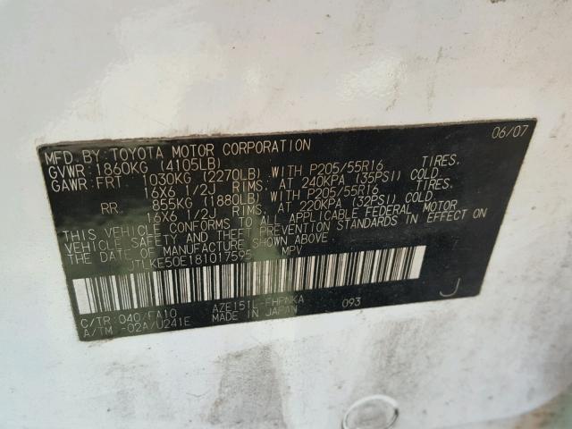 JTLKE50E181017595 - 2008 TOYOTA SCION XB 白色 照片 10