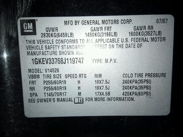1GKEV33768J119747 - 2008 GMC ACADIA SLT შავი ფოტო 10