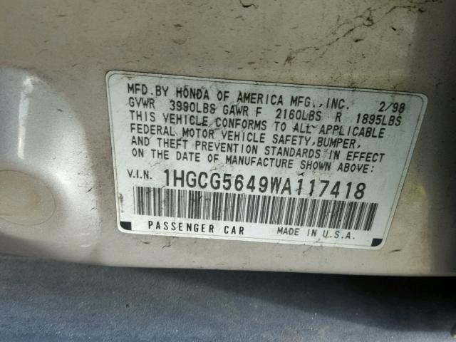 1HGCG5649WA117418 - 1998 HONDA ACCORD LX SILVER photo 10