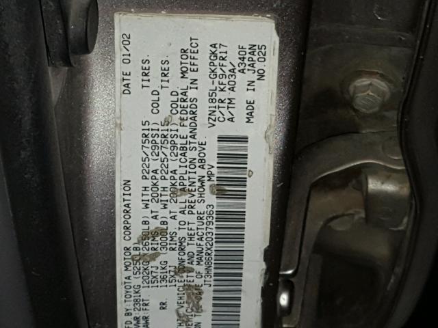 JT3HN86RX20379363 - 2002 TOYOTA 4RUNNER SR SILVER photo 10