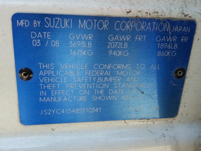 JS2YC415485110341 - 2008 SUZUKI SX4 CONVEN WHITE photo 10