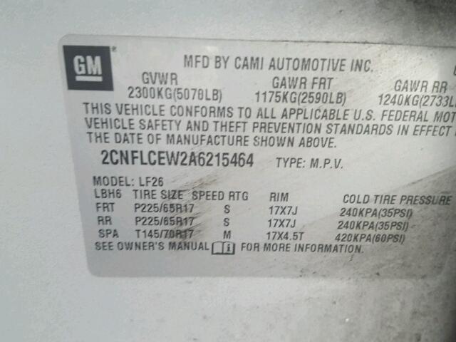 2CNFLCEW2A6215464 - 2010 CHEVROLET EQUINOX LS SILVER photo 10