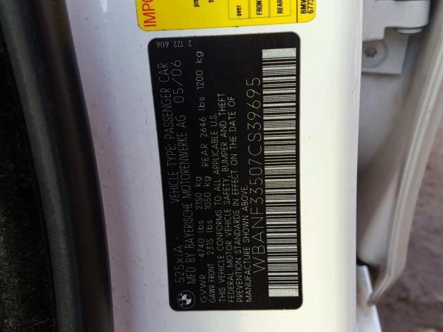 WBANF33507CS39695 - 2007 BMW 525 XI WHITE photo 10