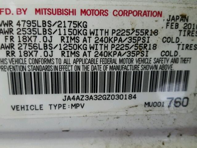 JA4AZ3A32GZ030184 - 2016 MITSUBISHI OUTLANDER WHITE photo 10