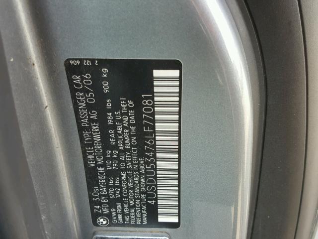 4USDU53476LF77081 - 2006 BMW Z4 3.0SI GRAY photo 10