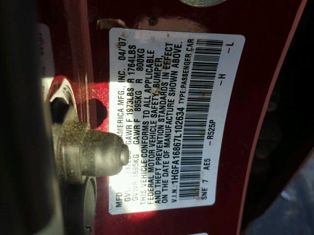 1HGFA16867L102634 - 2007 HONDA CIVIC EX BURGUNDY photo 10