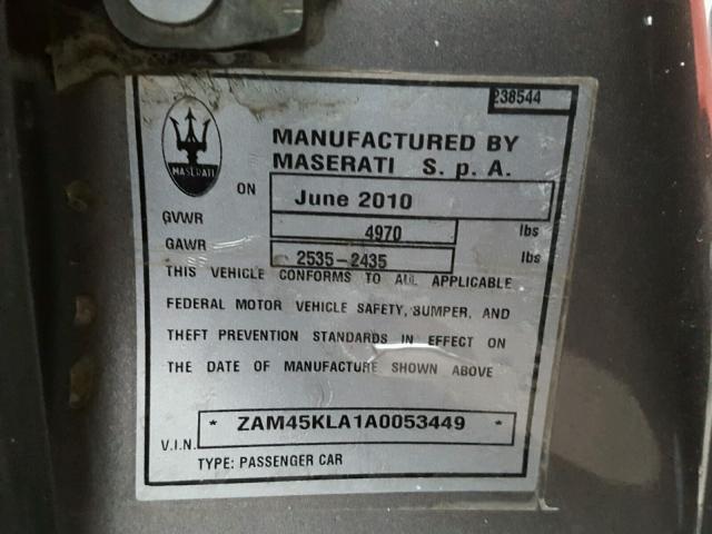 ZAM45KLA1A0053449 - 2010 MASERATI GRANTURISM GRAY photo 10