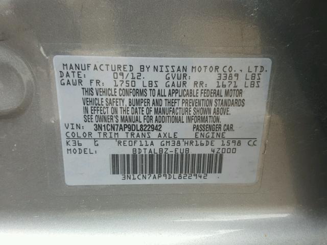 3N1CN7AP9DL822942 - 2013 NISSAN VERSA S GRAY photo 10